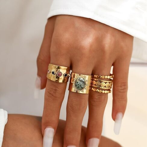 Vintage Gold Crystal Ring Set Liquid Metal Non Tarnish Stacked Knuckle Joint Ring Colorful Indian Ethnic Statement Accessories in Saudi Arabia
