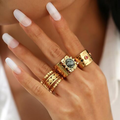 Vintage Gold Crystal Ring Set Liquid Metal Non Tarnish Stacked Knuckle Joint Ring Colorful Indian Ethnic Statement Accessories in Saudi Arabia