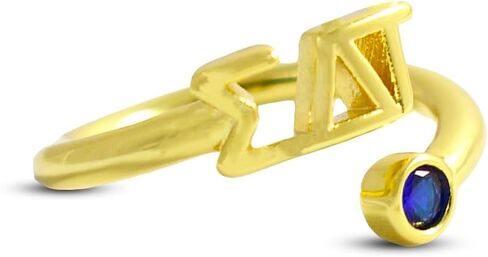 Sorority Shop Sigma Delta Tau Ring- 18k Gold-Plated Wraparound Ring with Sapphire Blue Gemstone and Sigma Delta Tau Greek Letters, Sorority Jewelry Gift in Saudi Arabia