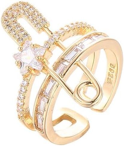 Safety Pin Ring for Women Cubic Zirconia Rings Chunky Open Rings Fashion Gold/Silver Plated Ring Hypoallergenic Stackable Rings Shine Star Crystal Rings for Women Gift in Saudi Arabia