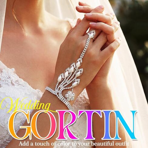 قفازات GORTIN بأحجار الراين واللؤلؤ الفضي بدون أصابع للعرائس وسلسلة يد مجوهرات للنساء in Saudi Arabia