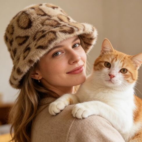 قبعات شتوية غامضة من الفرو الصناعي للنساء، قبعات دلو الفهد الفهد البني الدافئة للرجال والنساء، قبعة شتوية ناعمة ومريحة in Kuwait