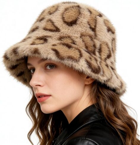 قبعات شتوية غامضة من الفرو الصناعي للنساء، قبعات دلو الفهد الفهد البني الدافئة للرجال والنساء، قبعة شتوية ناعمة ومريحة in Kuwait