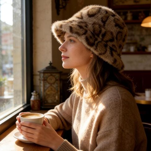 قبعات شتوية غامضة من الفرو الصناعي للنساء، قبعات دلو الفهد الفهد البني الدافئة للرجال والنساء، قبعة شتوية ناعمة ومريحة in Kuwait