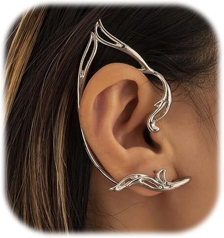 Elves Ear Cuff for Women 2pcs Simple Piercing Cartilage Climber Ear Wrap Retro Silver Stud Earrings Fairy Ears Costume Cosplay Wedding Prom Bar Earrings for Women in Saudi Arabia