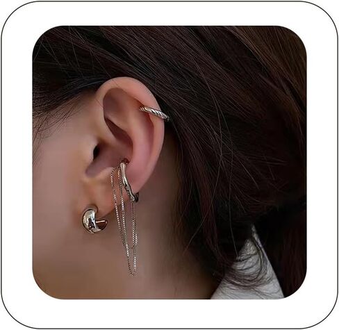 4Pcs Ear Cuff Earrings for Women Trendy Non Piercing Ear Cuff with Chain Clip on Cartilage Earring Jewelry Set for Women （Style2-Silver） in Kuwait