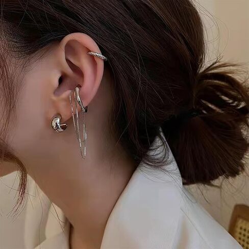 4Pcs Ear Cuff Earrings for Women Trendy Non Piercing Ear Cuff with Chain Clip on Cartilage Earring Jewelry Set for Women （Style2-Silver） in Kuwait