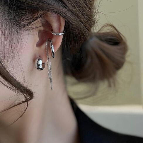 4Pcs Ear Cuff Earrings for Women Trendy Non Piercing Ear Cuff with Chain Clip on Cartilage Earring Jewelry Set for Women （Style2-Silver） in Kuwait