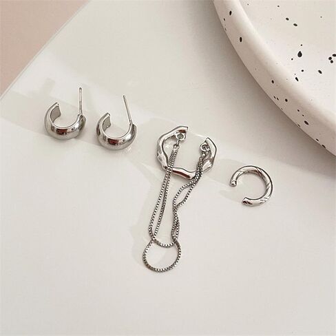 4Pcs Ear Cuff Earrings for Women Trendy Non Piercing Ear Cuff with Chain Clip on Cartilage Earring Jewelry Set for Women （Style2-Silver） in Kuwait