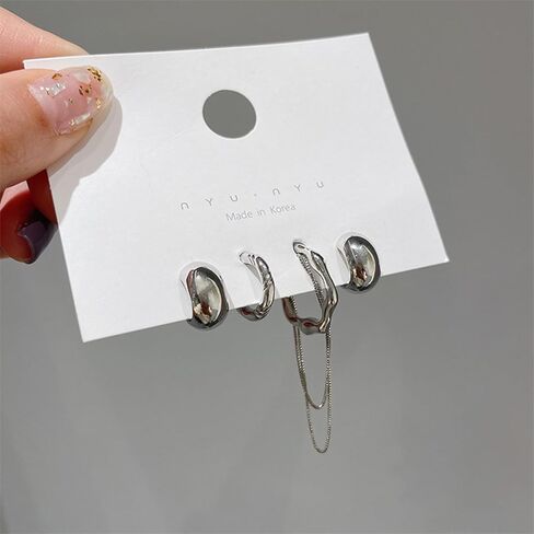 4Pcs Ear Cuff Earrings for Women Trendy Non Piercing Ear Cuff with Chain Clip on Cartilage Earring Jewelry Set for Women （Style2-Silver） in Kuwait