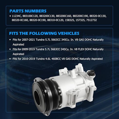 11234C Air Conditioner AC Compressor with Clutch Fits for 2007-2021 Tundra 4.6L 5.7L, Replace OE 883100C120 883200C130 in Saudi Arabia