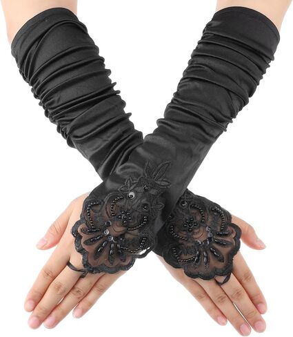 1 Pcs 1920s Gloves, Long Opera Fingerless Gloves with Finger Loops, Stretch Satin Floral Embroidery in Kuwait