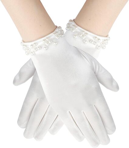 White Gloves Women, White Gloves Fashion Elegant 1920s Pearl Short Princess Satin Glove for Wedding Bridal Tea Party Opera Dinner Party in Saudi Arabia