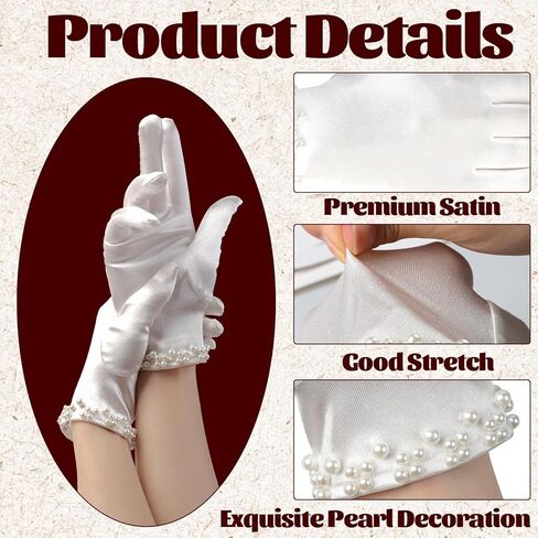 White Gloves Women, White Gloves Fashion Elegant 1920s Pearl Short Princess Satin Glove for Wedding Bridal Tea Party Opera Dinner Party in Saudi Arabia