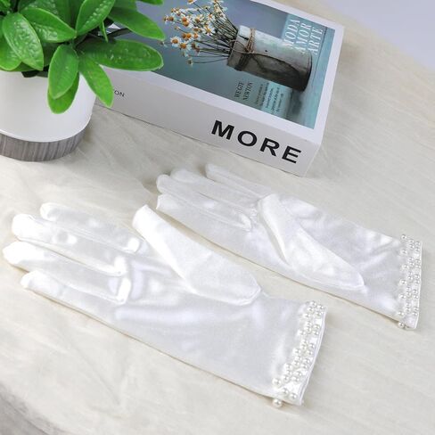 White Gloves Women, White Gloves Fashion Elegant 1920s Pearl Short Princess Satin Glove for Wedding Bridal Tea Party Opera Dinner Party in Saudi Arabia