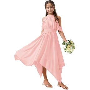 Chiffon Junior Bridesmaid Dress Birthday Ruffle Pleated Long Prom Gown Wedding Asymmetrical Hem Flower Girl Dress in Kuwait