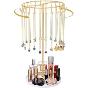 Novabright Rotating Necklace Holder with 24 Hooks, Spinning Gold Jewelry Display Stand, Metal Necklace Organizer Tree Stand with Tray, for Bracelet Keychain Home Room Decor Birthday Gift for Women in Kuwait