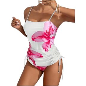 WDIRARA Women's 2 Piece Floral Strapless Tankini Swimsuit Ruched Tie Side High Cut Bathing Suit in Kuwait