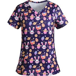 قطع علوية لفرك عيد الفصح للسيدات قابلة للتمدد على شكل حرف V وأكمام قصيرة لطيفة على شكل أرنب وبيض مطبوعة زي عمل للممرضات مع جيوب 2 in Kuwait