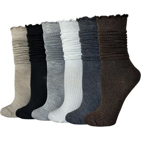 Cityelf 6 Pack Women’s Ruffle Slouchy Socks Retro Cute Frilly Scrunch Mid Calf Cotton Vintage Boot Chunky Crew Socks in Kuwait