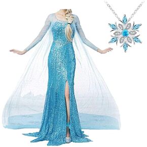 فستان تتويج الأميرة تشودام، ملكة الثلج، الكبار للنساء، شعر مستعار كوسبلاي، قلادة، زي تنكري للهالوين in Kuwait