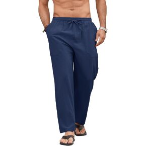 Men Linen Drawstring Pants Casual Summer Cotton Trousers Lightweight Breathable Straight Leg Vocation Beach Lounge Wear in Saudi Arabia