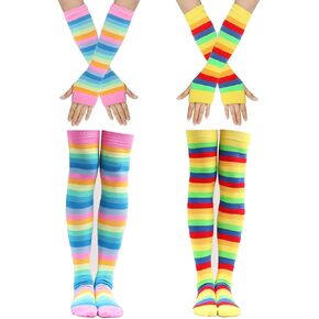 2 قطعة الفتيات النساء تأثيري قوس قزح مخطط جوارب طويلة إلى الركب جوارب الساق الذراع أدفأ أصابع قفازات مجموعة in Kuwait