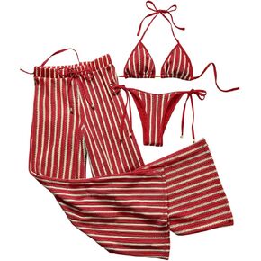 طقم بيكيني نسائي من Verdusa مكون من 3 قطع من البكيني المخطط ذو الرسن الكروشيه مع بنطال مغطى in Kuwait