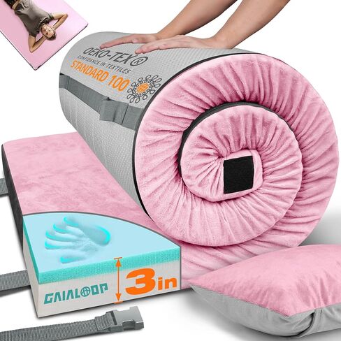 3 Inch Memory Foam Camping Mattress, Dual Layer Thick Sleeping Camp Pad for Car Tent Cot, Roll-Up Portable Glamping Floor Bed for Guests Sleepover in Kuwait