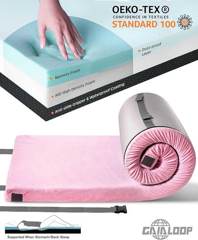 3 Inch Memory Foam Camping Mattress, Dual Layer Thick Sleeping Camp Pad for Car Tent Cot, Roll-Up Portable Glamping Floor Bed for Guests Sleepover in Kuwait