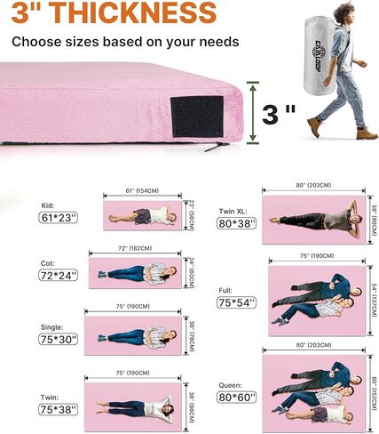 3 Inch Memory Foam Camping Mattress, Dual Layer Thick Sleeping Camp Pad for Car Tent Cot, Roll-Up Portable Glamping Floor Bed for Guests Sleepover in Kuwait