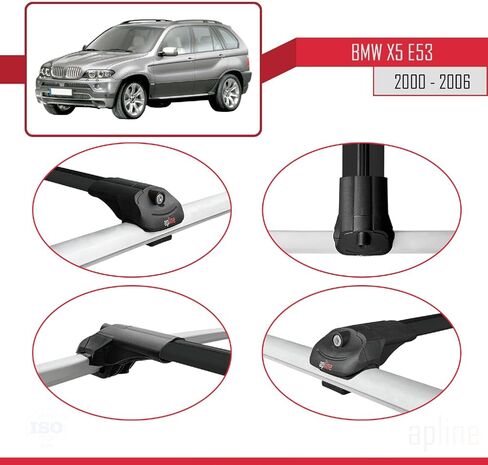 متوافق مع BMW X5 (E53) 2000-2006 ACE-1 رف سقف السيارة شريط متقاطع من الألومنيوم الأسود 2 بار in Kuwait