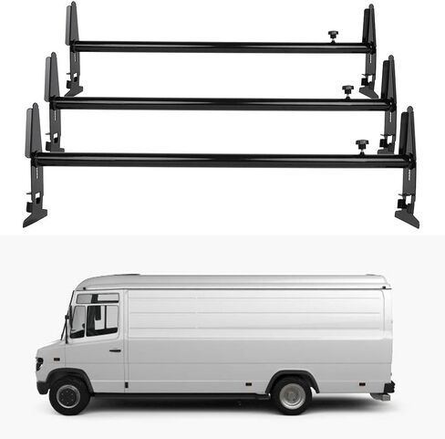 حامل أمتعة على السقف من ALEGE باللون الأسود لسيارة Ford E-150 Econoline 1998-2002 2007-2008، لسيارة شيفروليه إكسبريس 3500 1996-2007، 3 × رفوف علوية قابلة للتعديل/قضبان متقاطعة مع مزاريب المطر in Saudi Arabia