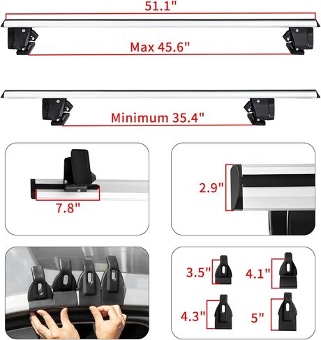 حامل سقف عالمي مقاس 55 بوصة، قضبان متقاطعة من الألومنيوم السميك، رف سقف قابل للتعديل وقابل للقفل متوافق مع السيارة بدون قضبان جانبية، سعة تحميل 255 رطل، فضي in Kuwait