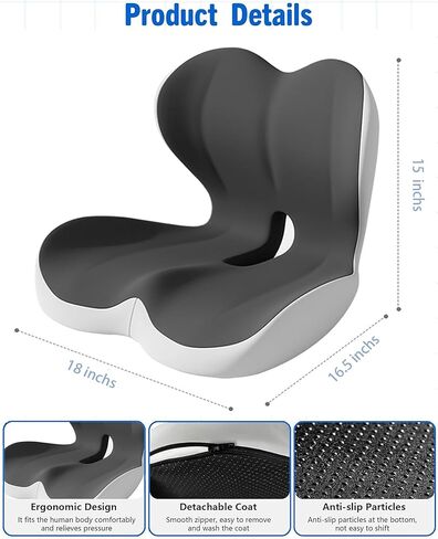 وسادة مقعد على شكل حرف L للجلوس لفترة طويلة، وسادة مقعد قيادة مريحة من إسفنج الذاكرة لدعم الظهر لتخفيف آلام الظهر، تصميم مانع للانزلاق للسيارة والشاحنة وكرسي المنزل ومقعد المكتب (أسود رمادي) in Kuwait