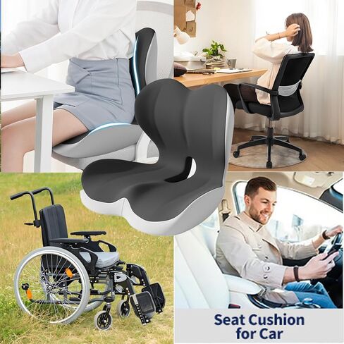وسادة مقعد على شكل حرف L للجلوس لفترة طويلة، وسادة مقعد قيادة مريحة من إسفنج الذاكرة لدعم الظهر لتخفيف آلام الظهر، تصميم مانع للانزلاق للسيارة والشاحنة وكرسي المنزل ومقعد المكتب (أسود رمادي) in Kuwait