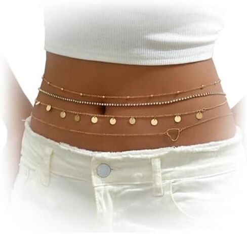 Sexy 4Pcs Rhinestone Waist Chain Jewelry,Bikini Festival Crystal Belly Body Chain Jewelry Summer Beach Multi-layered Sequin Tassel Body Chain Jewelry for Women in Saudi Arabia