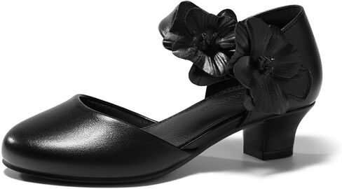 Coutgo Girls Dress Shoes Closed Toe Low Chunky Heels Flower Slip On Party Princess Pumps for Toddler Little Big Kids in Saudi Arabia