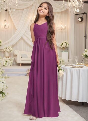 Chiffon Flower Girl Dresses for Wedding Junior Bridesmaid Dress Spaghetti Strap V Neck Long Teen Girl Dresses in Saudi Arabia