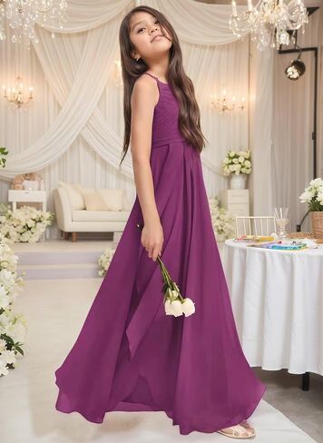 Chiffon Flower Girl Dresses for Wedding Junior Bridesmaid Dress Spaghetti Strap V Neck Long Teen Girl Dresses in Saudi Arabia