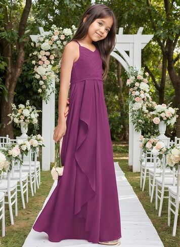 Chiffon Flower Girl Dresses for Wedding Junior Bridesmaid Dress Spaghetti Strap V Neck Long Teen Girl Dresses in Saudi Arabia