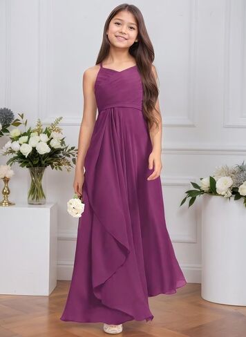 Chiffon Flower Girl Dresses for Wedding Junior Bridesmaid Dress Spaghetti Strap V Neck Long Teen Girl Dresses in Saudi Arabia
