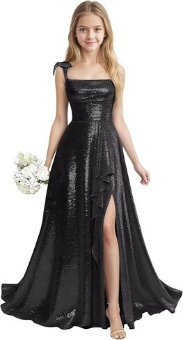 فساتين وصيفة الشرف للصغار بالترتر للفتيات المراهقات مع فستان حفلة موسيقية طويل بفتحة للمراهقين بأشرطة سباغيتي على شكل حرف A in Kuwait