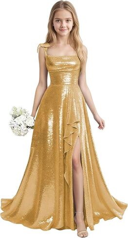 Sequin Junior Bridesmaid Dresses for Teen Girls with Slit Long Prom Dress for Teens Spaghetti Straps A Line in Saudi Arabia