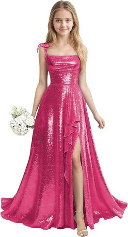 Sequin Junior Bridesmaid Dresses for Teen Girls with Slit Long Prom Dress for Teens Spaghetti Straps A Line in Saudi Arabia