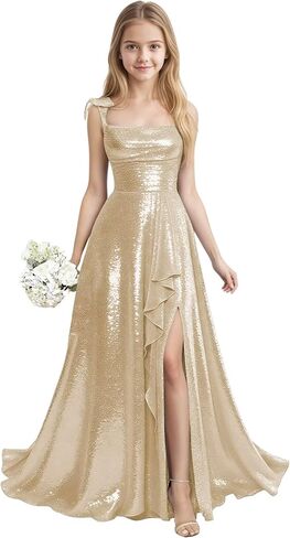 Sequin Junior Bridesmaid Dresses for Teen Girls with Slit Long Prom Dress for Teens Spaghetti Straps A Line in Saudi Arabia