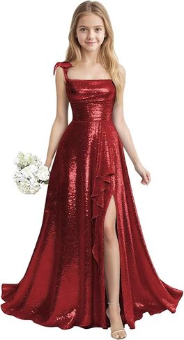 Sequin Junior Bridesmaid Dresses for Teen Girls with Slit Long Prom Dress for Teens Spaghetti Straps A Line in Saudi Arabia