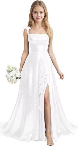 Sequin Junior Bridesmaid Dresses for Teen Girls with Slit Long Prom Dress for Teens Spaghetti Straps A Line in Saudi Arabia