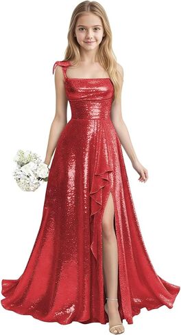 Sequin Junior Bridesmaid Dresses for Teen Girls with Slit Long Prom Dress for Teens Spaghetti Straps A Line in Saudi Arabia