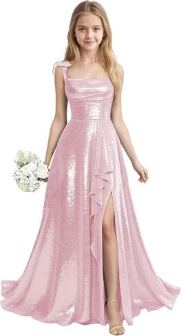 Sequin Junior Bridesmaid Dresses for Teen Girls with Slit Long Prom Dress for Teens Spaghetti Straps A Line in Saudi Arabia